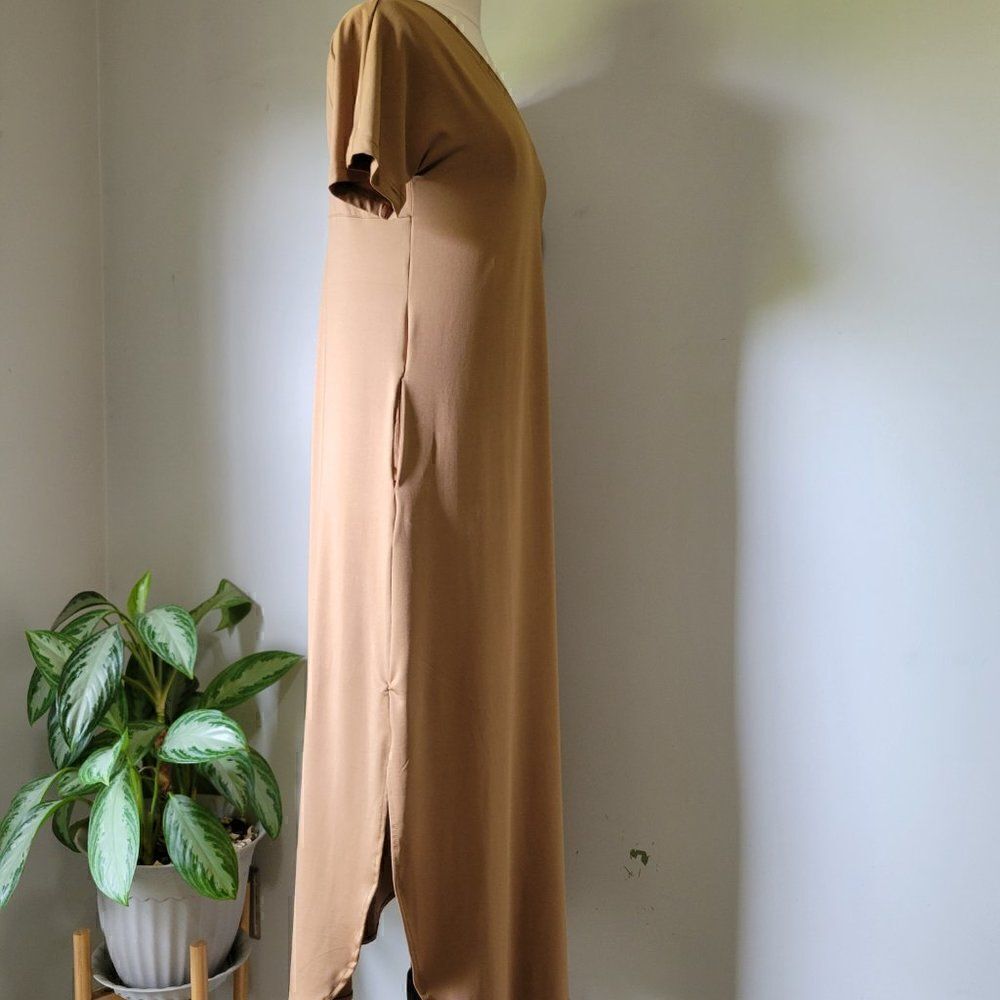NWT HUSKARY TAN SLIT SIDE MAXI SHIRT DRESS V NECK S/M - Picture 2 of 16